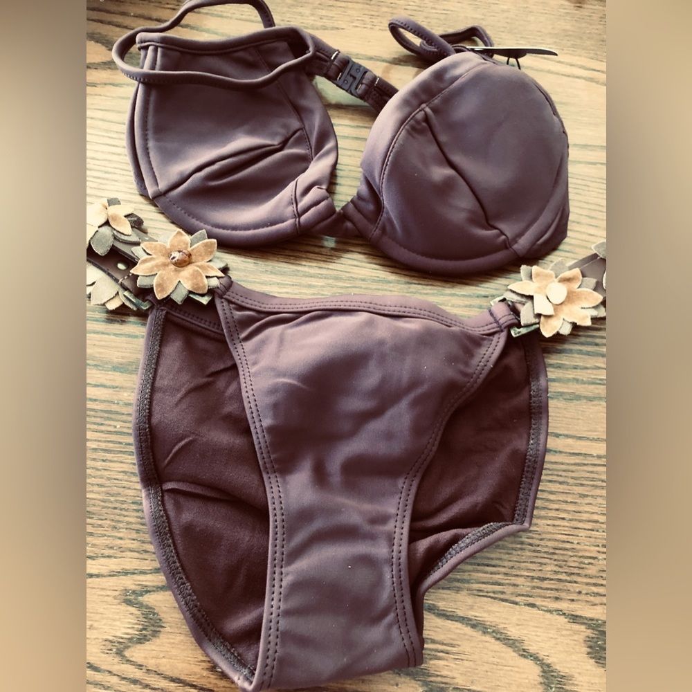 NWT SWIM BATHING Suit Bikini Two Pc - Buzios Brazil Brown LeaTher Flowers
